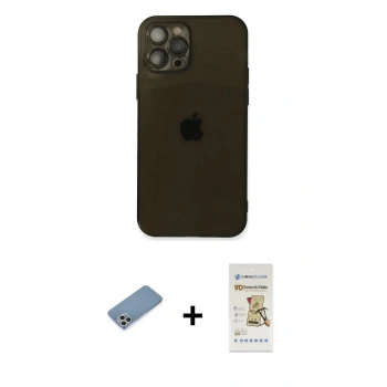 MARSİLYAN™- iPhone 12 Pro Max Kılıf Ahenk Doku - Siyah Mat Seramik Nano Ekran Koruyucu + Shine Kamera Lens Koruma Cam - GS