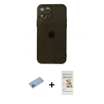 MARSİLYAN™- iPhone 12 Pro Max Kılıf Ahenk Doku - Siyah Mat Seramik Nano Ekran Koruyucu + Shine Kamera Lens Koruma Cam - MI