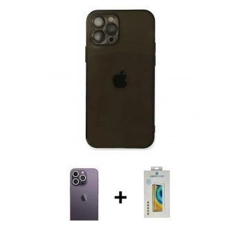 MARSİLYAN™- iPhone 12 Pro Max Kılıf Ahenk Doku - Siyah Polymer Nano Ekran Koruyucu + Neon Fosforlu Kamera Lens - BZ