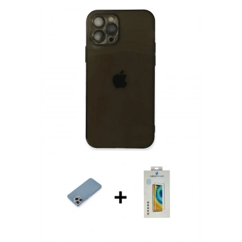 MARSİLYAN™- iPhone 12 Pro Max Kılıf Ahenk Doku - Siyah Polymer Nano Ekran Koruyucu + Shine Kamera Lens Koruma Cam - GI