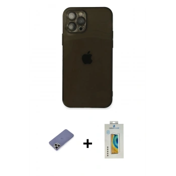 MARSİLYAN™- iPhone 12 Pro Max Kılıf Ahenk Doku - Siyah Polymer Nano Ekran Koruyucu + Metal Kamera Lens Koruma Cam - GD