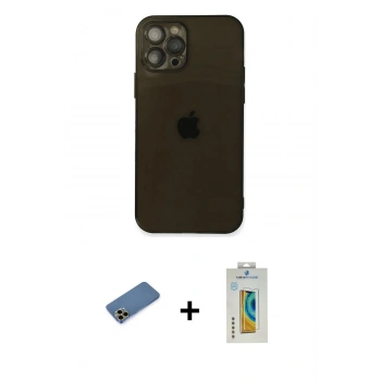 MARSİLYAN™- iPhone 12 Pro Max Kılıf Ahenk Doku - Siyah Polymer Nano Ekran Koruyucu + Shine Kamera Lens Koruma Cam - GD