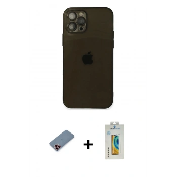 MARSİLYAN™- iPhone 12 Pro Max Kılıf Ahenk Doku - Siyah Polymer Nano Ekran Koruyucu + Metal Kamera Lens Koruma Cam - KI