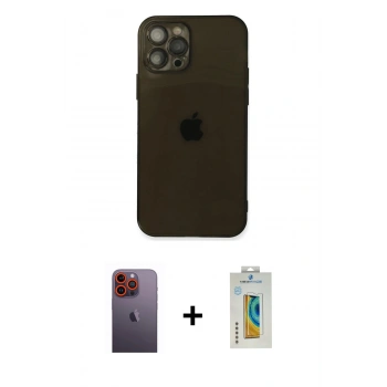 MARSİLYAN™- iPhone 12 Pro Max Kılıf Ahenk Doku - Siyah Polymer Nano Ekran Koruyucu + Neon Fosforlu Kamera Lens - TU