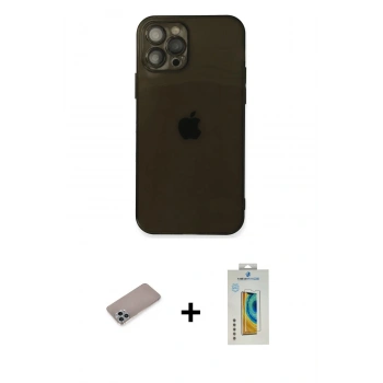MARSİLYAN™- iPhone 12 Pro Max Kılıf Ahenk Doku - Siyah Polymer Nano Ekran Koruyucu + Shine Kamera Lens Koruma Cam - SABE