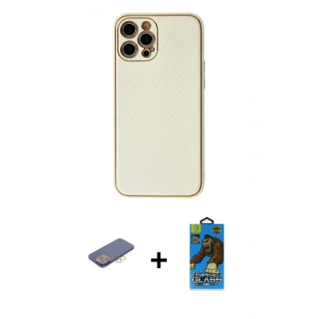 MARSİLYAN™- iPhone 12 Pro Max Kılıf Ahenk Işık - Siyah 18D Cam Ekran Koruyucu + Renkli Kamera Lens Koruma Cam - PE