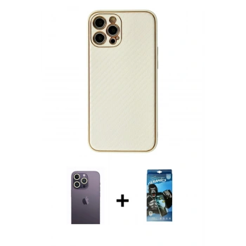 MARSİLYAN™- iPhone 12 Pro Max Kılıf Ahenk Işık - Siyah 34D Izgaralı Cam + Neon Fosforlu Kamera Lens - BZ