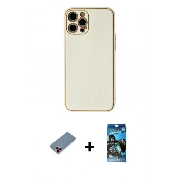 MARSİLYAN™- iPhone 12 Pro Max Kılıf Ahenk Işık - Siyah 34D Izgaralı Cam + Metal Kamera Lens Koruma Cam - KI