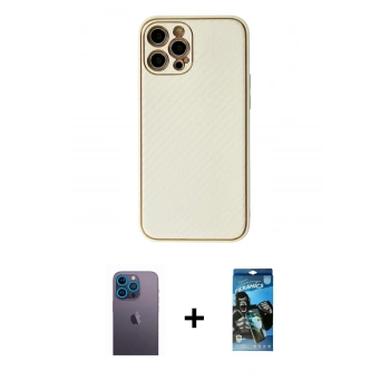 MARSİLYAN™- iPhone 12 Pro Max Kılıf Ahenk Işık - Siyah 34D Izgaralı Cam + Neon Fosforlu Kamera Lens - MI