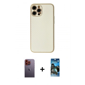 MARSİLYAN™- iPhone 12 Pro Max Kılıf Ahenk Işık - Siyah 34D Izgaralı Cam + Neon Fosforlu Kamera Lens - TU