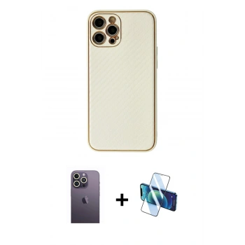 MARSİLYAN™- iPhone 12 Pro Max Kılıf Ahenk Işık - Siyah 3D Antistatik Cam Ekran Koruyucu + Neon Fosforlu Kamera Lens - BZ