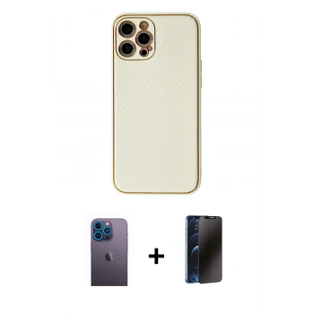 MARSİLYAN™- iPhone 12 Pro Max Kılıf Ahenk Işık - Siyah 3D Antistatik Hayalet Cam Ekran Koruyucu + Neon Fosforlu Kamera Lens - MI