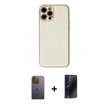MARSİLYAN™- iPhone 12 Pro Max Kılıf Ahenk Işık - Siyah 3D Antistatik Hayalet Cam Ekran Koruyucu + Neon Fosforlu Kamera Lens - SI