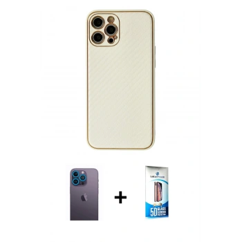 MARSİLYAN™- iPhone 12 Pro Max Kılıf Ahenk Işık - Siyah 5D Eko Cam Ekran Koruyucu + Neon Fosforlu Kamera Lens - MI