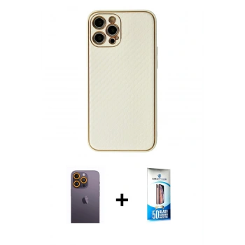 MARSİLYAN™- iPhone 12 Pro Max Kılıf Ahenk Işık - Siyah 5D Eko Cam Ekran Koruyucu + Neon Fosforlu Kamera Lens - SI