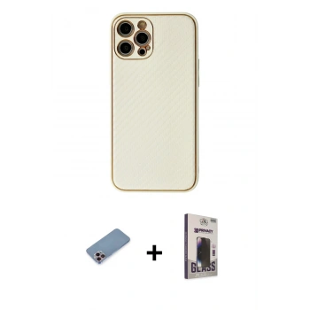 MARSİLYAN™- iPhone 12 Pro Max Kılıf Ahenk Işık - Siyah Bilvis Hayalet Cam Ekran Koruyucu + Shine Kamera Lens Koruma Cam - PE