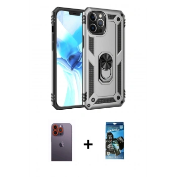 MARSİLYAN™- iPhone 12 Pro Max Kılıf Ahenk Klasik Koleksiyonu - Siyah 34D Izgaralı Cam + Neon Fosforlu Kamera Lens - TU
