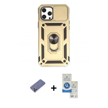MARSİLYAN™- iPhone 12 Pro Max Kılıf Ahenk Klasik - Şeffaf Royal Nano Ekran Koruyucu + Metal Kamera Lens Koruma Cam - GD