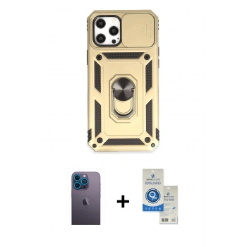 MARSİLYAN™- iPhone 12 Pro Max Kılıf Ahenk Klasik - Şeffaf Royal Nano Ekran Koruyucu + Neon Fosforlu Kamera Lens - MI