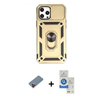 MARSİLYAN™- iPhone 12 Pro Max Kılıf Ahenk Klasik - Şeffaf Royal Nano Ekran Koruyucu + Metal Kamera Lens Koruma Cam - KI