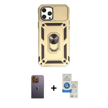 MARSİLYAN™- iPhone 12 Pro Max Kılıf Ahenk Klasik - Şeffaf Royal Nano Ekran Koruyucu + Neon Fosforlu Kamera Lens - SI