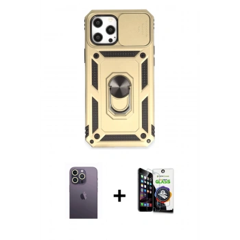 MARSİLYAN™- iPhone 12 Pro Max Kılıf Ahenk Klasik - Şeffaf Temperli Cam Ekran Koruyucu + Neon Fosforlu Kamera Lens - BZ