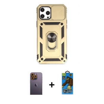 MARSİLYAN™- iPhone 12 Pro Max Kılıf Ahenk Klasik - Siyah 18D Cam Ekran Koruyucu + Neon Fosforlu Kamera Lens - SI
