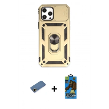 MARSİLYAN™- iPhone 12 Pro Max Kılıf Ahenk Klasik - Siyah 18D Cam Ekran Koruyucu + Shine Kamera Lens Koruma Cam - GD