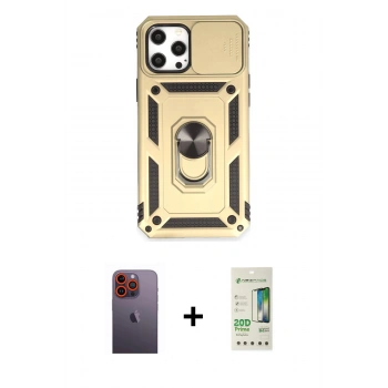 MARSİLYAN™- iPhone 12 Pro Max Kılıf Ahenk Klasik - Siyah 20D Premium Cam Ekran Koruyucu + Neon Fosforlu Kamera Lens - TU