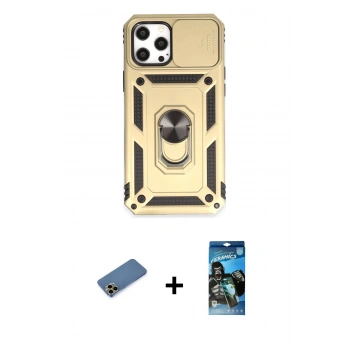 MARSİLYAN™- iPhone 12 Pro Max Kılıf Ahenk Klasik - Siyah 34D Izgaralı Cam + Shine Kamera Lens Koruma Cam - GD