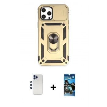 MARSİLYAN™- iPhone 12 Pro Max Kılıf Ahenk Klasik - Siyah 34D Izgaralı Cam + Shine Kamera Lens - LT