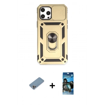 MARSİLYAN™- iPhone 12 Pro Max Kılıf Ahenk Klasik - Siyah 34D Izgaralı Cam + Shine Kamera Lens Koruma Cam - GI