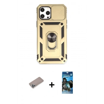 MARSİLYAN™- iPhone 12 Pro Max Kılıf Ahenk Klasik - Siyah 34D Izgaralı Cam + Shine Kamera Lens Koruma Cam - SABE