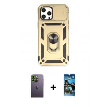 MARSİLYAN™- iPhone 12 Pro Max Kılıf Ahenk Klasik - Siyah 34D Izgaralı Cam + Neon Fosforlu Kamera Lens - YL