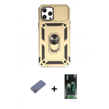 MARSİLYAN™- iPhone 12 Pro Max Kılıf Ahenk Klasik - Siyah 360 Mat Full Body Arka Koruyucu + Metal Kamera Lens Koruma Cam - GD
