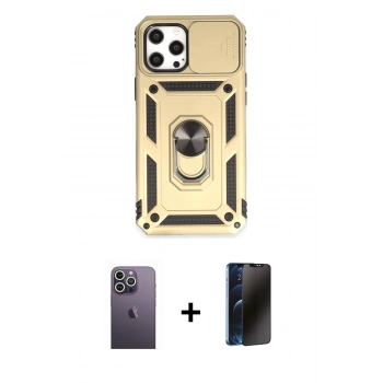 MARSİLYAN™- iPhone 12 Pro Max Kılıf Ahenk Klasik - Siyah 3D Antistatik Hayalet Cam Ekran Koruyucu + Neon Fosforlu Kamera Lens - BZ
