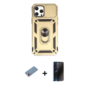 MARSİLYAN™- iPhone 12 Pro Max Kılıf Ahenk Klasik - Siyah 3D Antistatik Hayalet Cam Ekran Koruyucu + Shine Kamera Lens Koruma Cam - PE