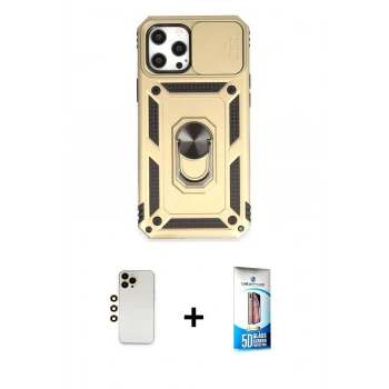 MARSİLYAN™- iPhone 12 Pro Max Kılıf Ahenk Klasik - Siyah 5D Eko Cam Ekran Koruyucu + Shine Kamera Lens - GD