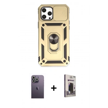 MARSİLYAN™- iPhone 12 Pro Max Kılıf Ahenk Klasik - Siyah Bilvis Hayalet Cam Ekran Koruyucu + Neon Fosforlu Kamera Lens - BZ