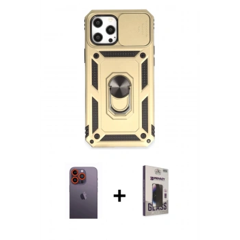 MARSİLYAN™- iPhone 12 Pro Max Kılıf Ahenk Klasik - Siyah Bilvis Hayalet Cam Ekran Koruyucu + Neon Fosforlu Kamera Lens - TU