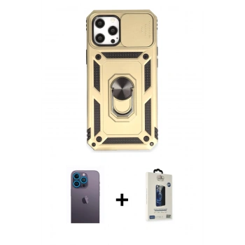 MARSİLYAN™- iPhone 12 Pro Max Kılıf Ahenk Klasik - Siyah Bilvis Hayalet Cam Ekran Koruyucu + Neon Fosforlu Kamera Lens - MI