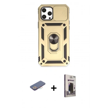 MARSİLYAN™- iPhone 12 Pro Max Kılıf Ahenk Klasik - Siyah Bilvis Hayalet Cam Ekran Koruyucu + Renkli Kamera Lens Koruma Cam - PE
