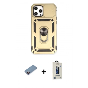 MARSİLYAN™- iPhone 12 Pro Max Kılıf Ahenk Klasik - Siyah Bilvis Hayalet Cam Ekran Koruyucu + Shine Kamera Lens Koruma Cam - PE