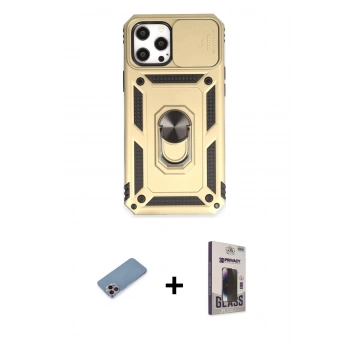 MARSİLYAN™- iPhone 12 Pro Max Kılıf Ahenk Klasik - Siyah Bilvis Hayalet Cam Ekran Koruyucu + Shine Kamera Lens Koruma Cam - PE