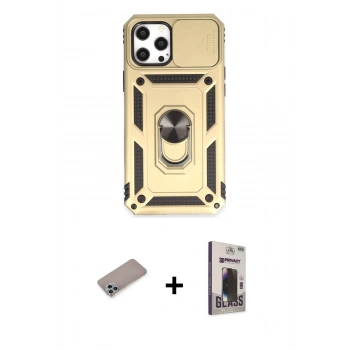 MARSİLYAN™- iPhone 12 Pro Max Kılıf Ahenk Klasik - Siyah Bilvis Hayalet Cam Ekran Koruyucu + Shine Kamera Lens Koruma Cam - SABE