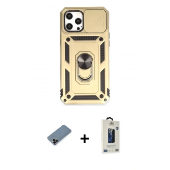 MARSİLYAN™- iPhone 12 Pro Max Kılıf Ahenk Klasik - Siyah Bilvis Hayalet Cam Ekran Koruyucu + Shine Kamera Lens Koruma Cam - SH