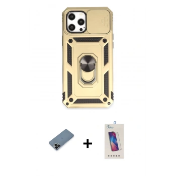 MARSİLYAN™- iPhone 12 Pro Max Kılıf Ahenk Klasik - Siyah Joko 5D Cam + Shine Kamera Lens Koruma Cam - SH