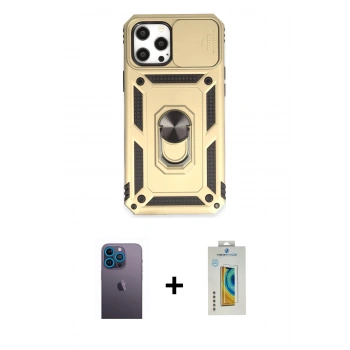 MARSİLYAN™- iPhone 12 Pro Max Kılıf Ahenk Klasik - Siyah Polymer Nano Ekran Koruyucu + Neon Fosforlu Kamera Lens - MI