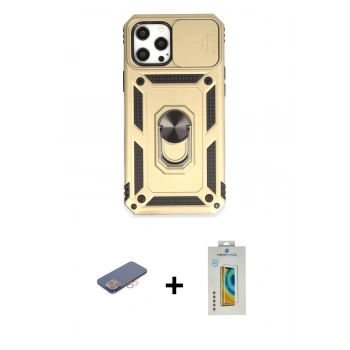 MARSİLYAN™- iPhone 12 Pro Max Kılıf Ahenk Klasik - Siyah Polymer Nano Ekran Koruyucu + Renkli Kamera Lens Koruma Cam - PE