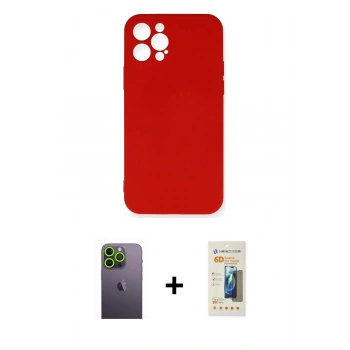 MARSİLYAN™- iPhone 12 Pro Max Kılıf Ahenk Serisi - Siyah 6D Mat Seramik Hayalet Nano Ekran Koruyucu + Neon Fosforlu Kamera Lens - YL